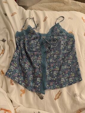 Frankie's Bikinis Blue Floral Lace-Trim Cami